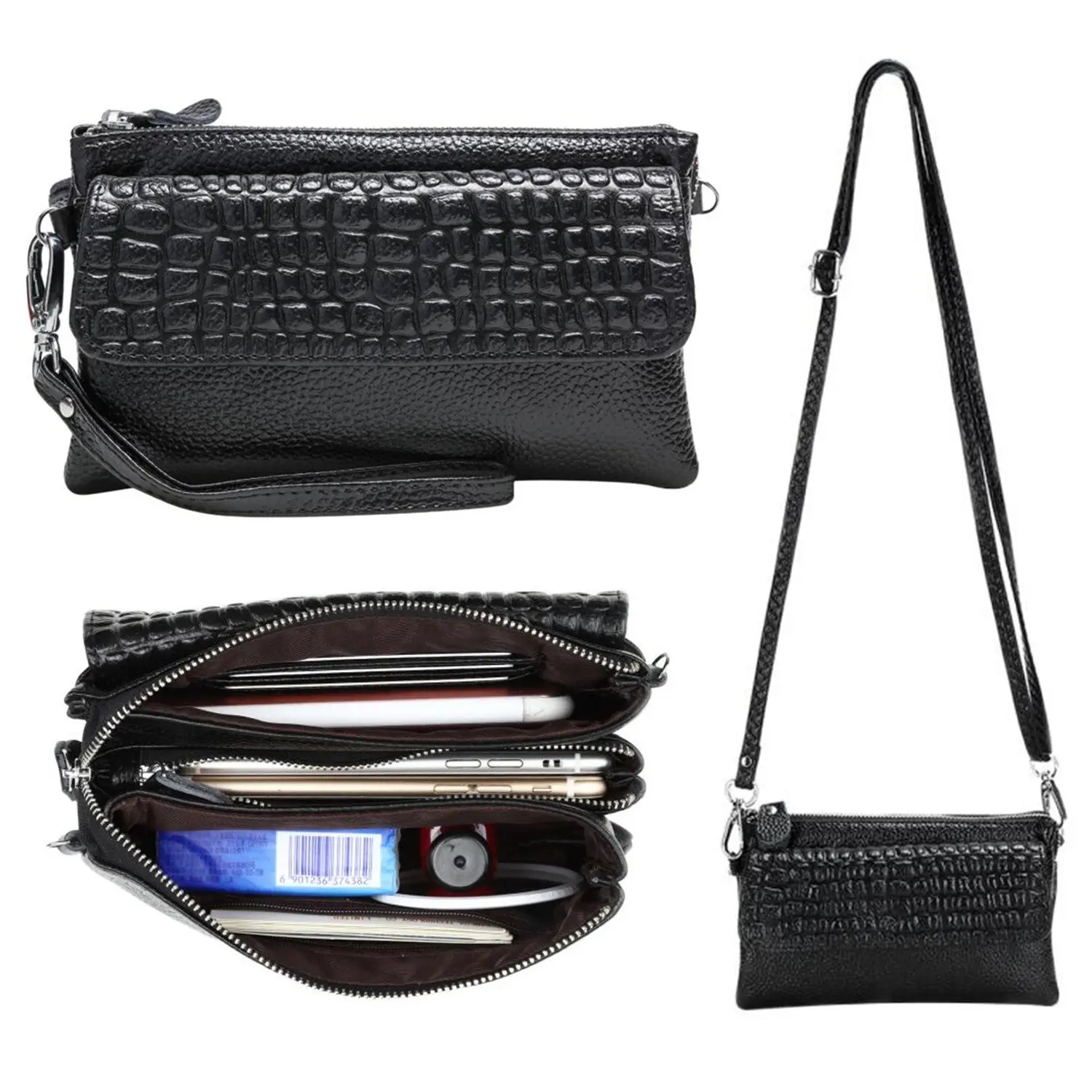 Buy Womens Soft Genuine Leather Wristlet Purse Cross Body Phone Wallet Clutch Handbag with Card ...