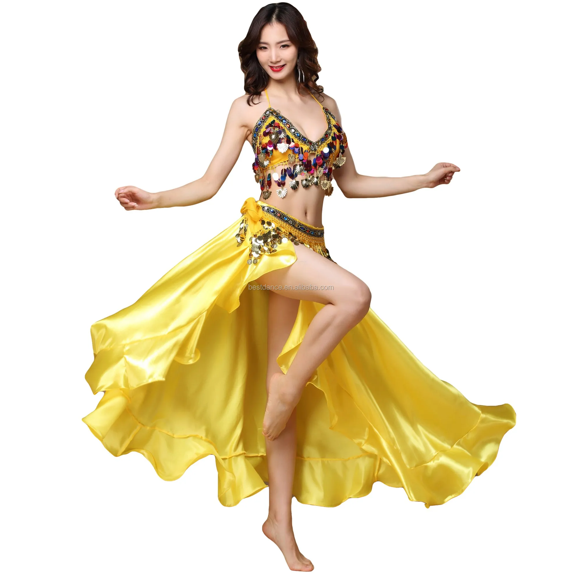 Bestdance Women Belly Dancing Split Wave Satin Skirt Sequin Top ...