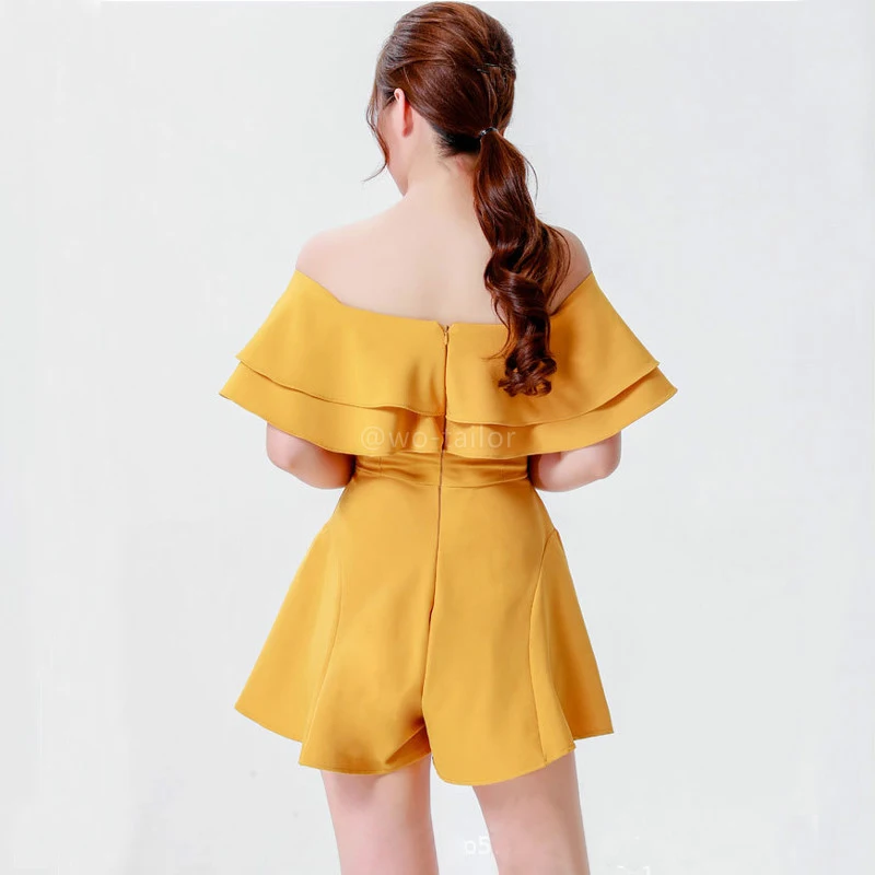 Low moq designer clothing ladies womens casual double ruffled off shoulder collar one piece jumpsuit