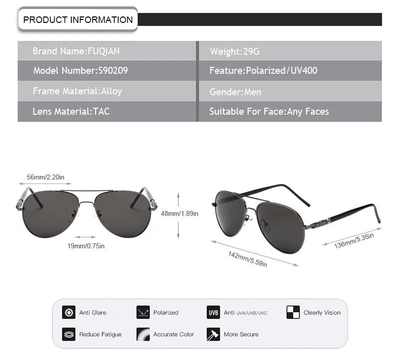 High Quality Retro Metal Frame Pilot Black Mens Polarized Sunglasses
