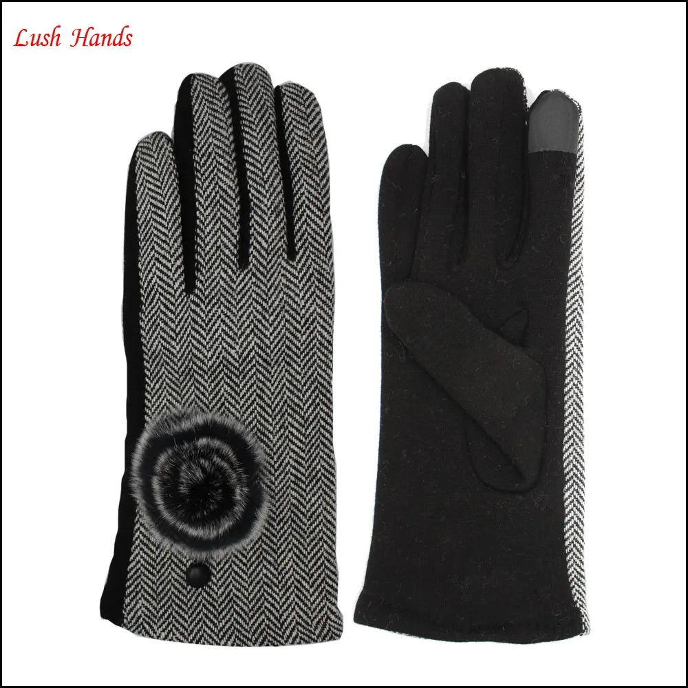 Cloth fabric and woolen combined gloves with fashion fur ball