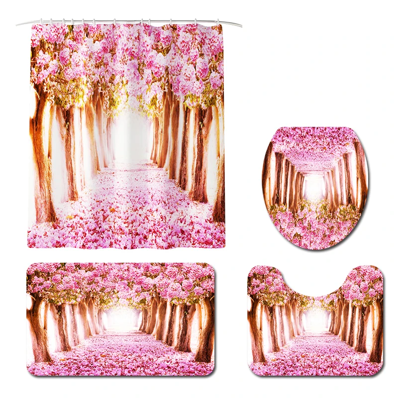 Lovely Pink Toilet Pad Cover Bath Mat Shower Curtain Set for Princess Bathroom Decoration