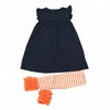 Fall wholesale boutique Halloween cotton girl clothes black pearl smocked dress orange striped leggings kids clothing set