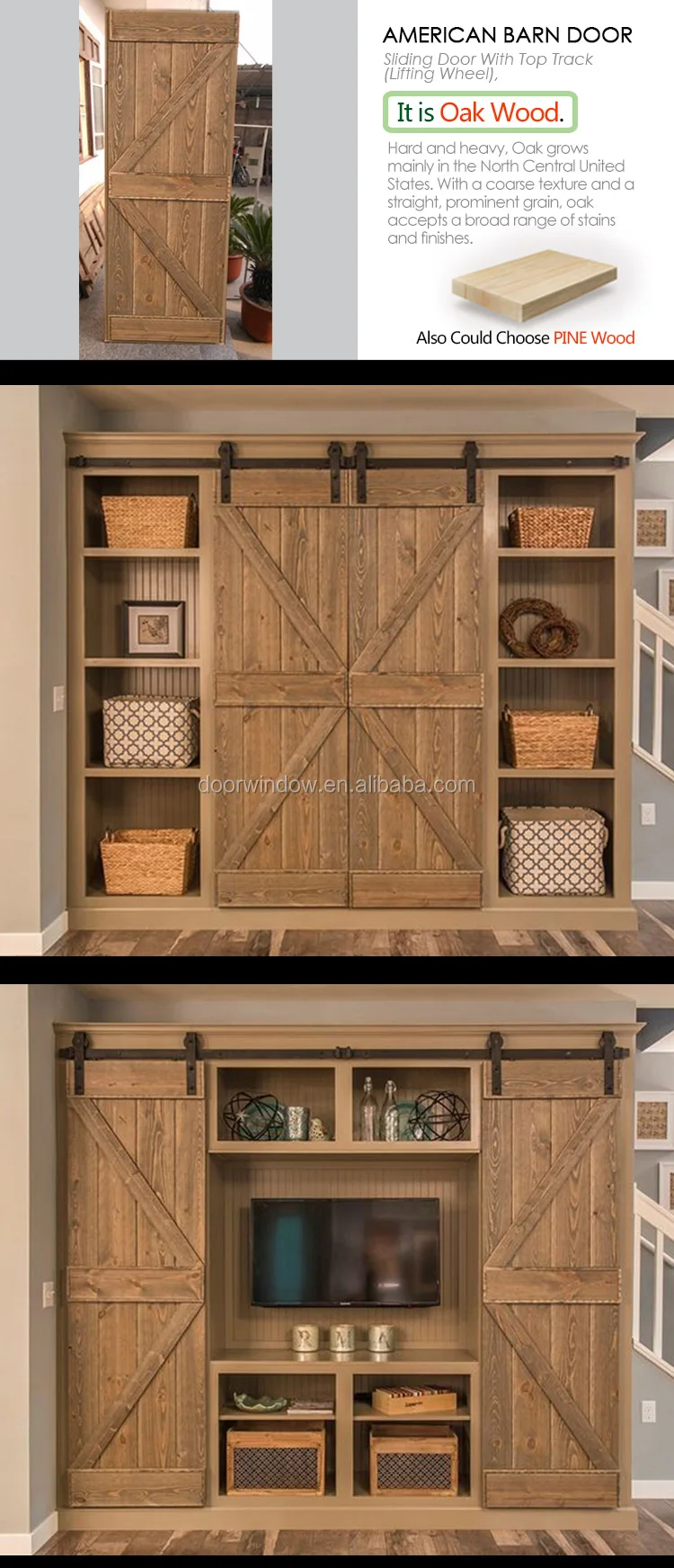 Brown color home doors wood interior doors with K type oak plank panel barn door