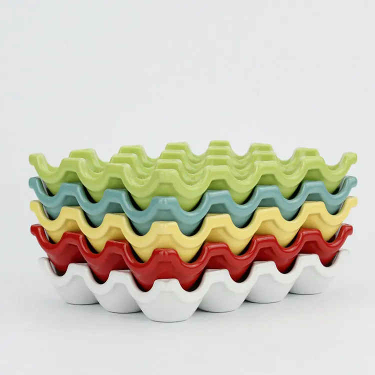 Square shape colorful ceramic egg holder tray for camping set