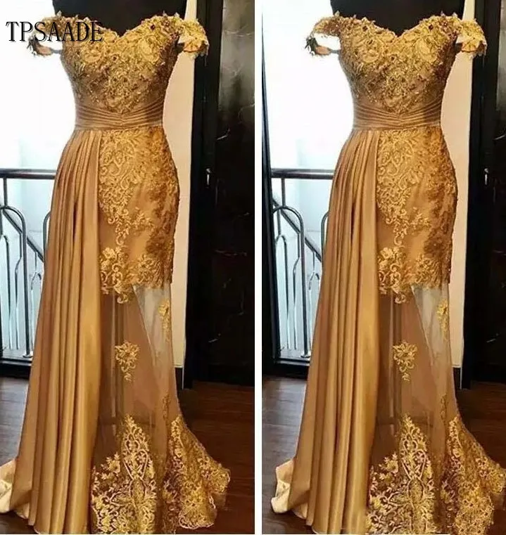 Gold Color Lace Appliques Offer Shoulder Tailor Made Long Train Prom ...