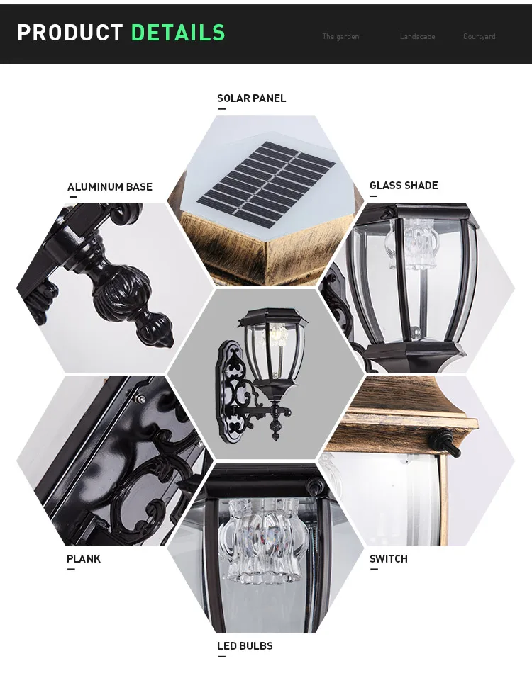 1.2W IP55 Waterproof Aluminum Solar Powered Wall Outdoor Led Gardens Lamp