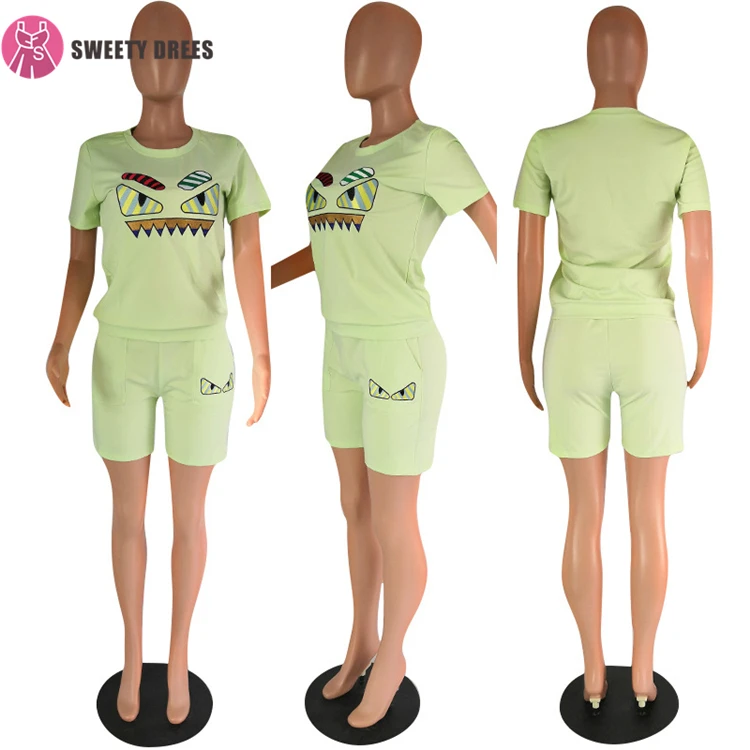 9S00729 Women summer cartoon monster embroidered short sport two piece set