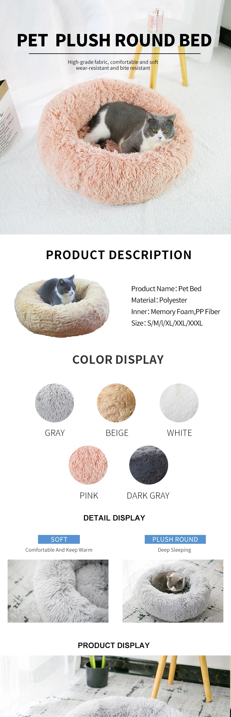 Hot Sale indoor soft and warm Plush Cute round pet bed