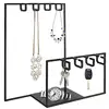 Customized 12-Inch Black Metal 8 Hook Offset Jewelry Organizer Rack w/Ring Tray Key Chain Holder