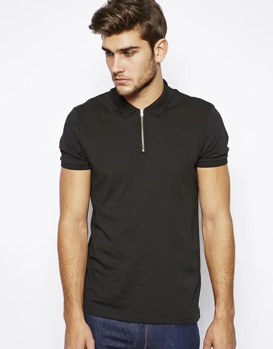 Men Short Sleeve Black Zipper Polo Shirt - Buy Zipper Polo Shirt,Black ...