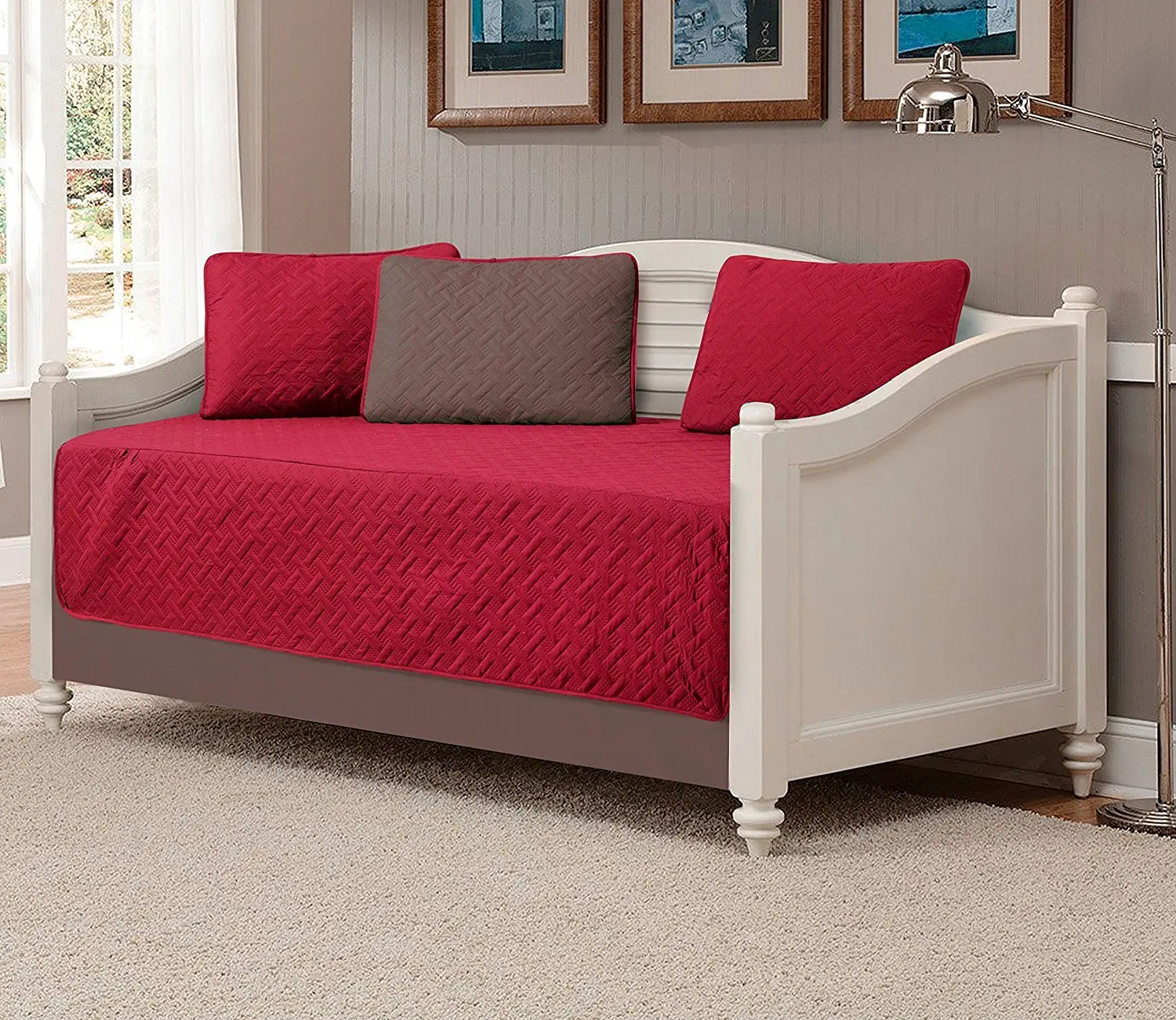 Fancy Collection 5pc DayBed Quilted Bedspread Coverlet Set Embossed Solid Burgundy/Taupe Reversible New