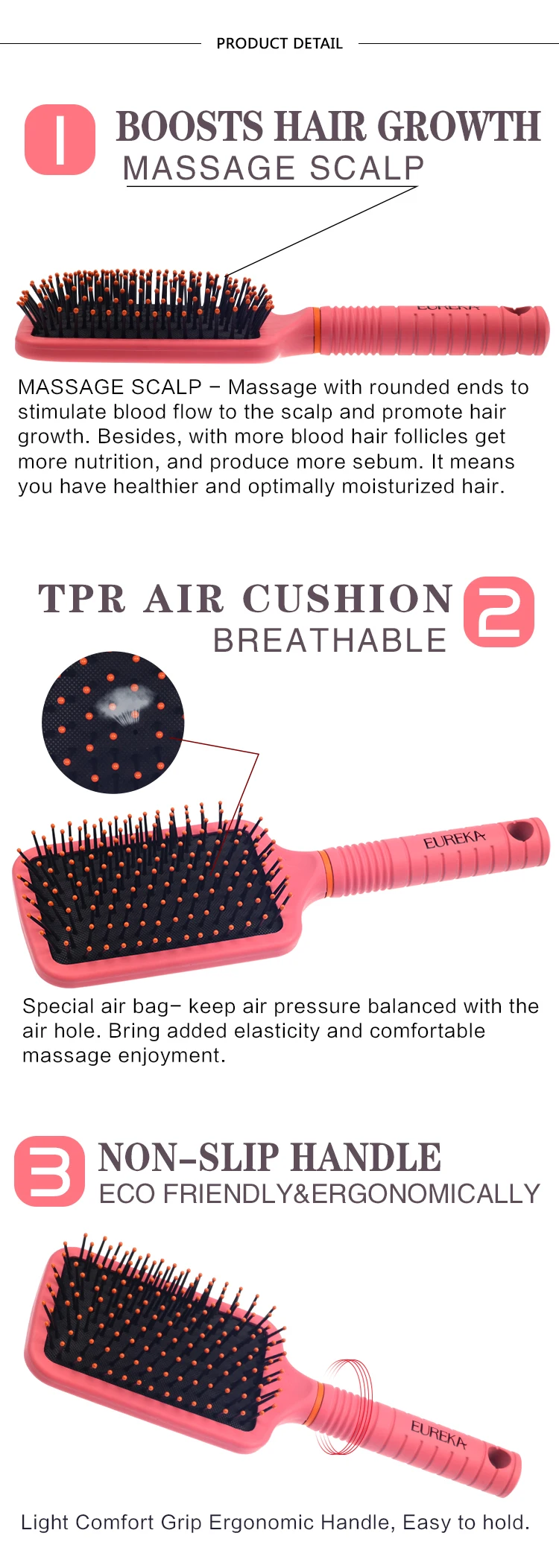 EUREKA 9594HL Paddle Cushion Hair Brush for All Hair Types Ball-Tip Nylon Pins Anti-Slide Handle Hairbrush