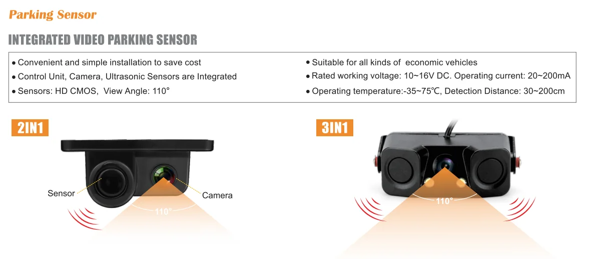 Universal two ultrasonic Sensors and one camera car integrated video parking sensor
