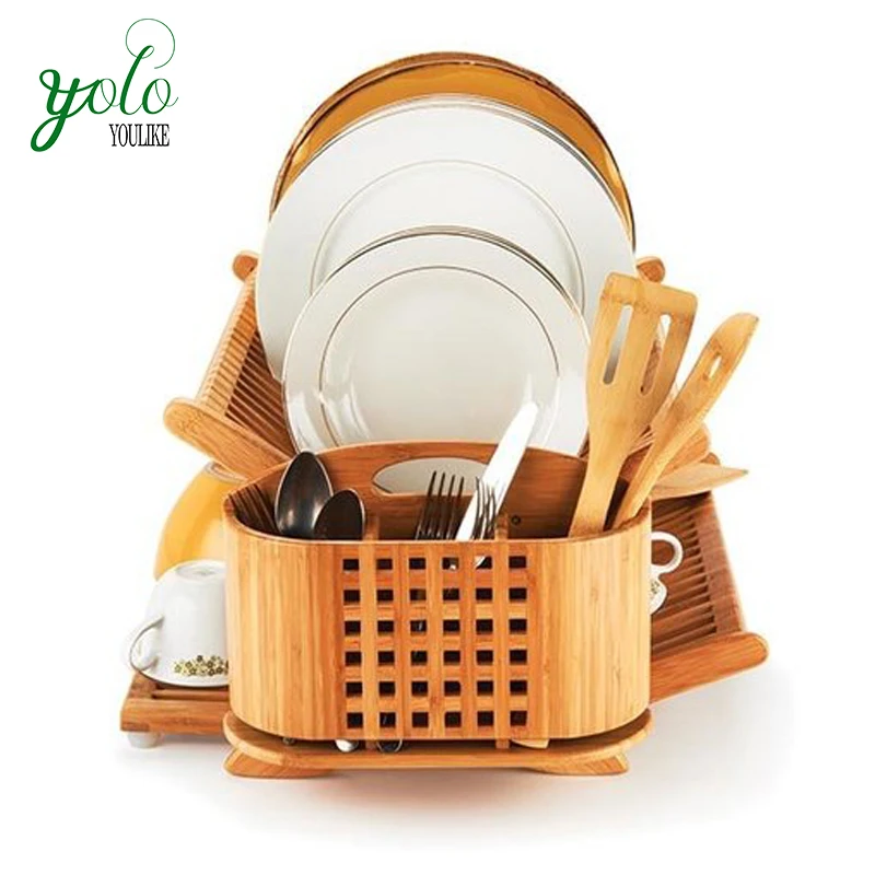 New Design Folding Bamboo Eco Dish Rack With Utensil Holder Buy