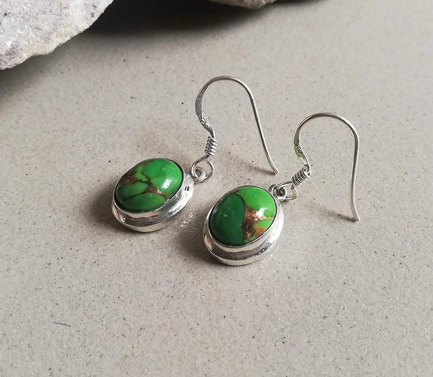 Green Copper Turquoise Earring, 925 Sterling Silver, Unique Piece, Mojave Turquoise Earrings, Dangle Earrings, Vintage Style Earrings, Boho Bride Earrings, Hypoallergenic Earrings, Classic Earrings