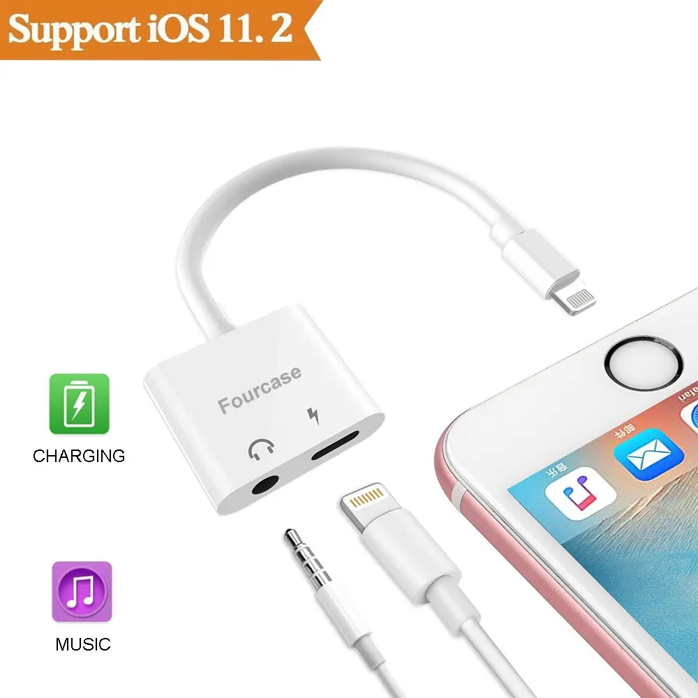 Lightning to 3.5mm Headphone Jack Adapter, Fourcase iPhone Lighting Adapter and Splitter 2 in 1 Lightning Cable to Audio Jack and Charger Adapter for iPhone X/8/8 Plus/X/7/7 Plus(White)
