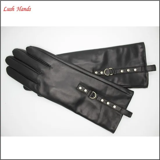 2017 New style women long leather gloves with Rivet. Metal ring adornment the length is 11 inches long leather gloves