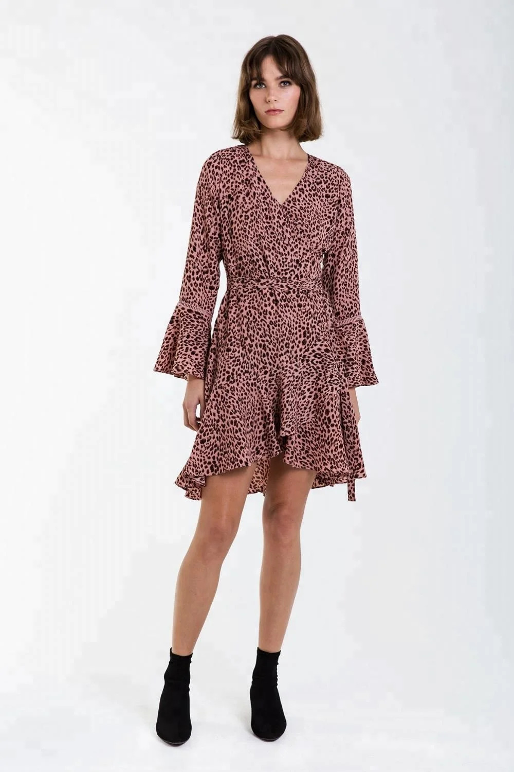 2022 New Women Blush Long Sleeves Leopard Print Chiffon Wrap Belt Dress