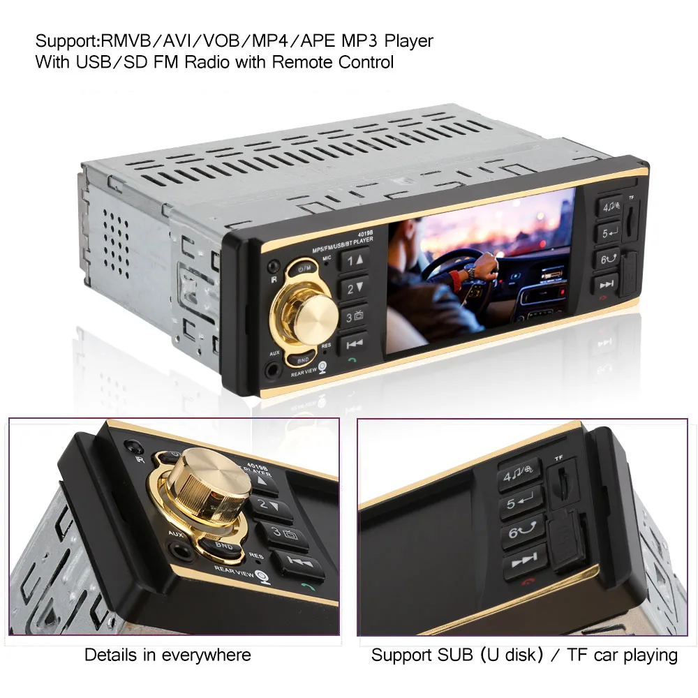 12V 4019B 1 One Din MP3 player Car Radio Audio Stereo USB AUX FM Radio Station Bluetooth with Rearview Camera Remote Control