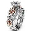 New Women Fashion Two Tone Silver & Rose Gold Filed White Sapphire Wedding Engagement Floral Ring Set