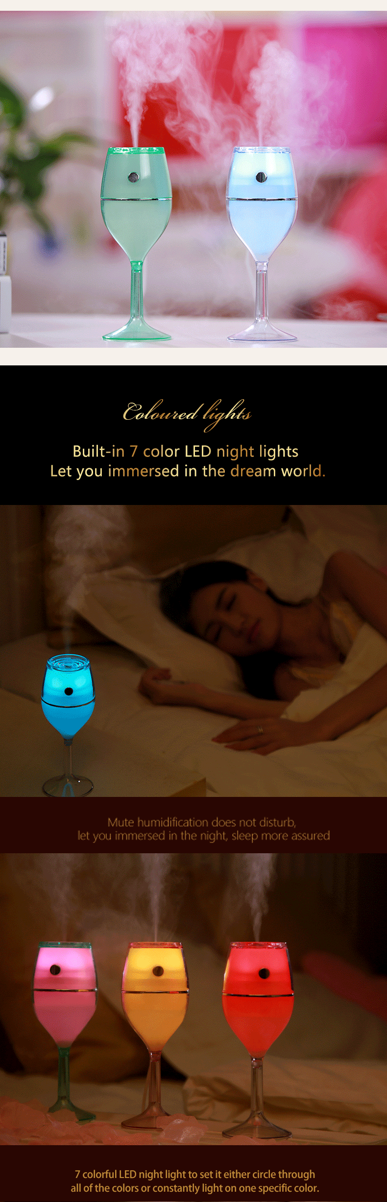 2017 hot selling romatic red wine glass ultrasonic usb aroma air humidifier with 7 color led lights
