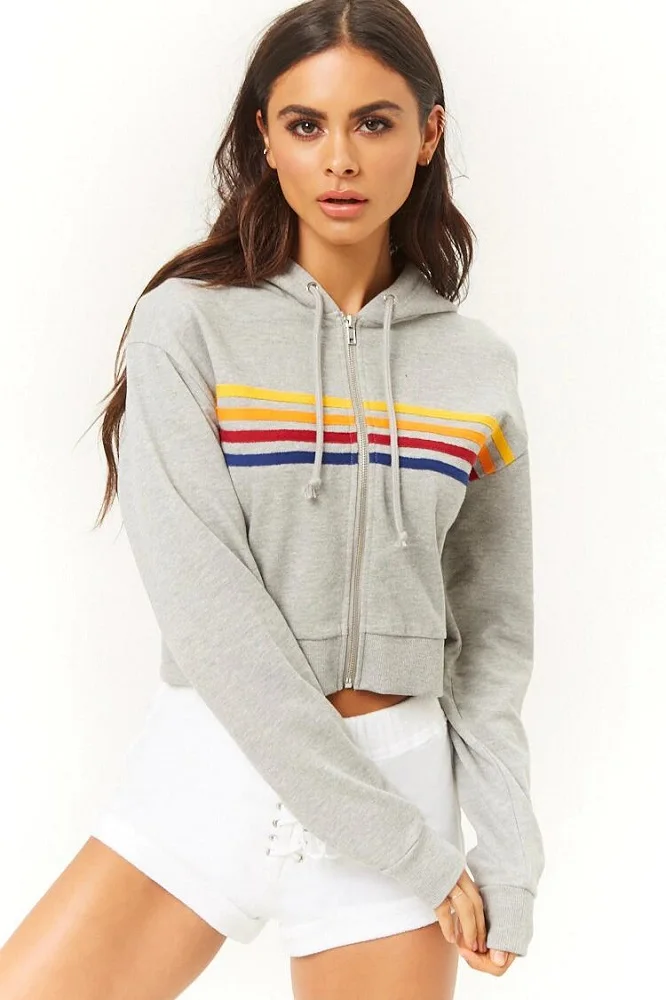 white hoodie with rainbow stripes