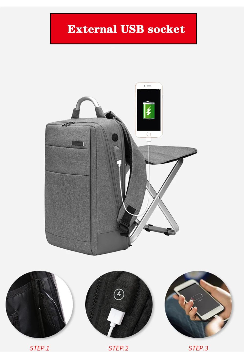 Custom Fashion Usb Charging Folding Backpack Chair With Folding Chair