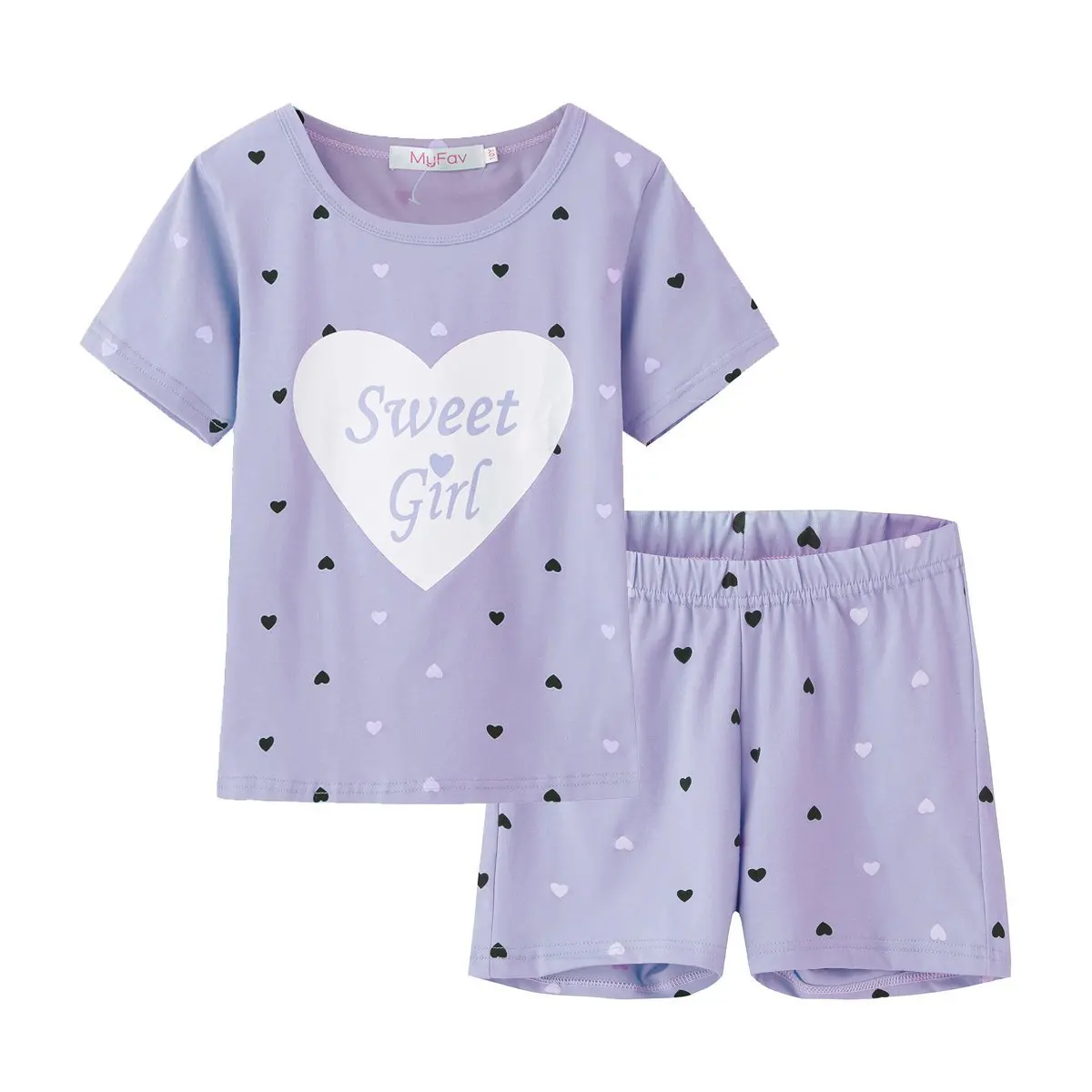MyFav Big Girls Summer Pajama Set Heart Shape Printed Cute Sleepwear Shorts