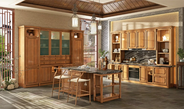 Simple Design Country Style Solid Teak Kitchen Cabinets With Island