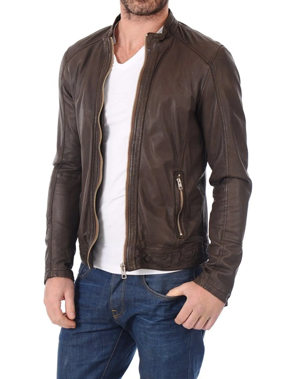LEATHER FARM Men's Lambskin Leather Bomber Motercycle Jacket