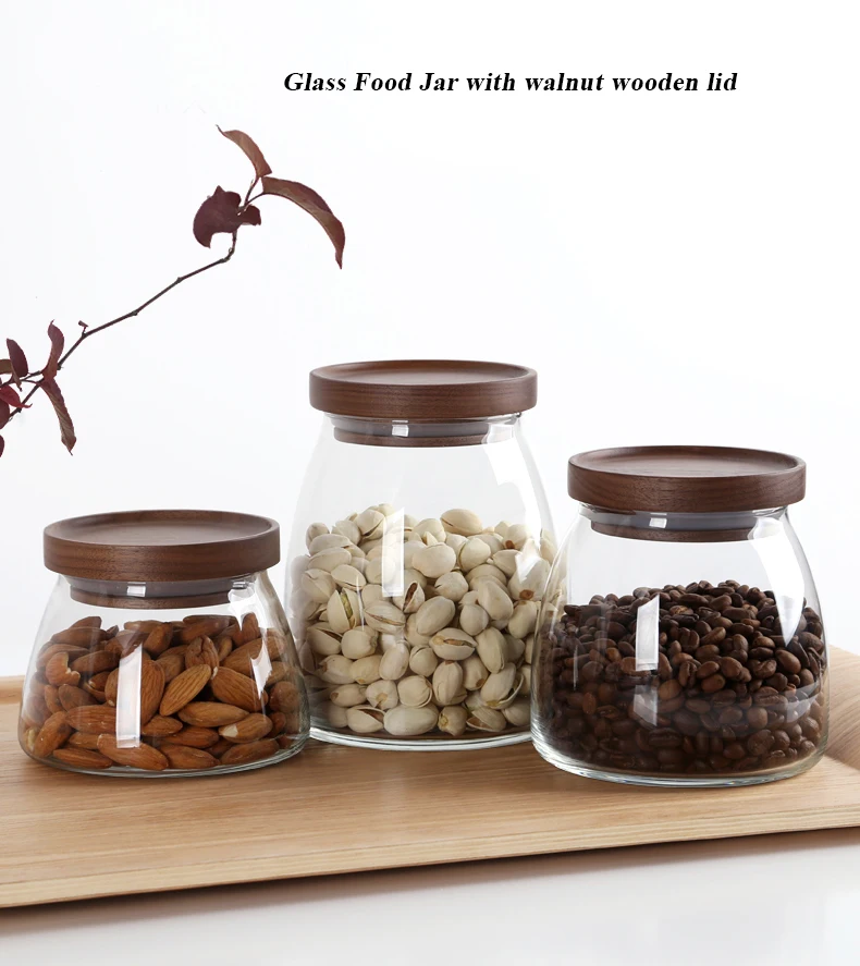 500ml 750ml 1000ml Airtight Handmade Borosilicate Glass Food Storage Jar Canister With Oak Walnut Wood Lid