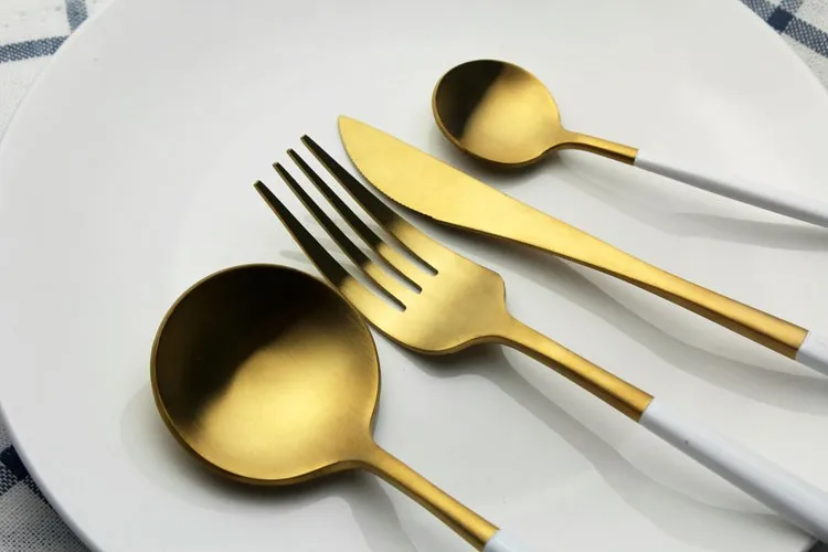 Hotel Supplies Golden Catering Utensils Gold White Cutlery Set Design
