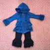 High quality fancy fall winter clothes deep blue coat and navy pants western girl baby outfits