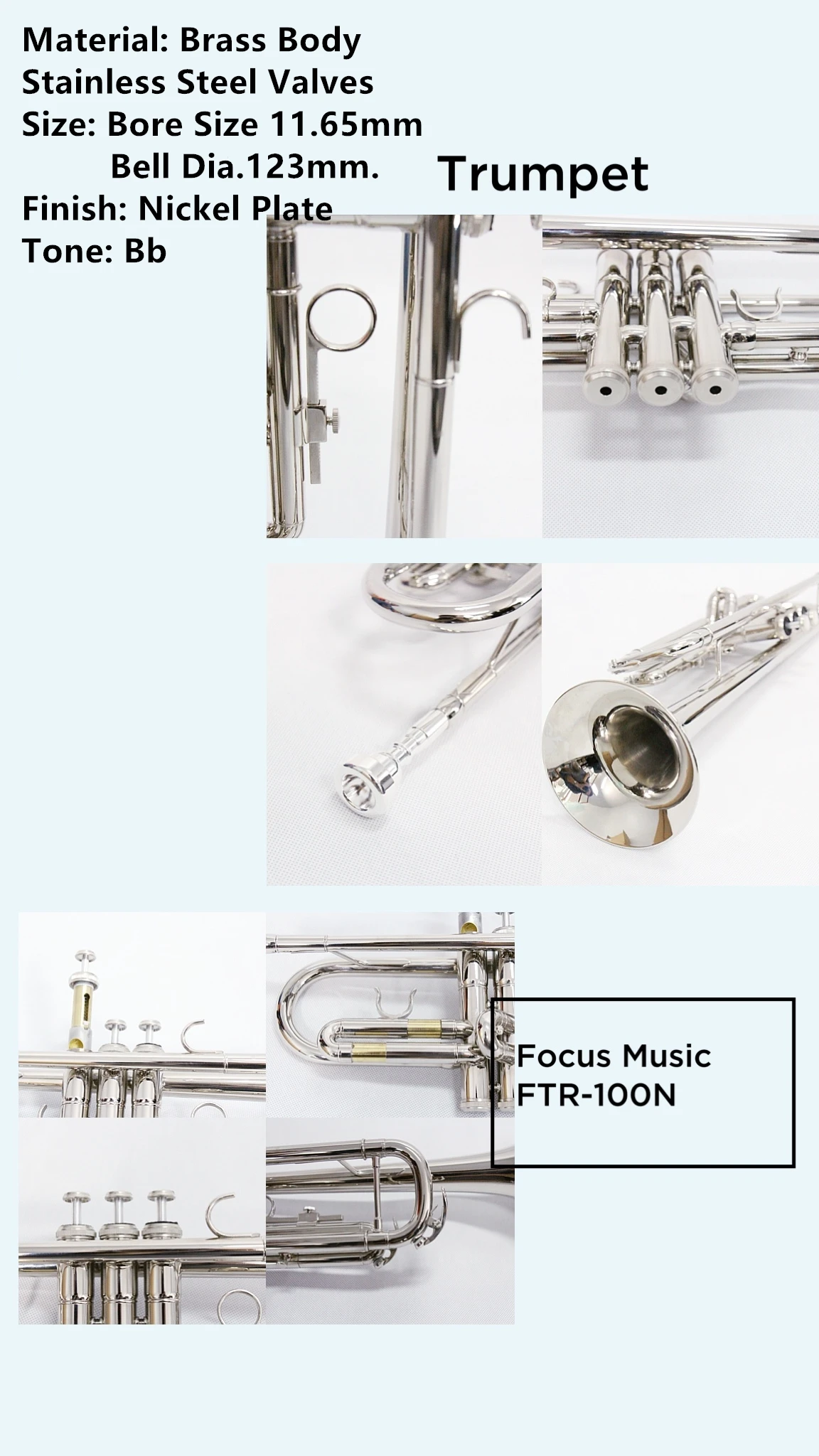Brass Nickel Plated Student Cheap Trumpet Focus Ftr100n Bb Bass