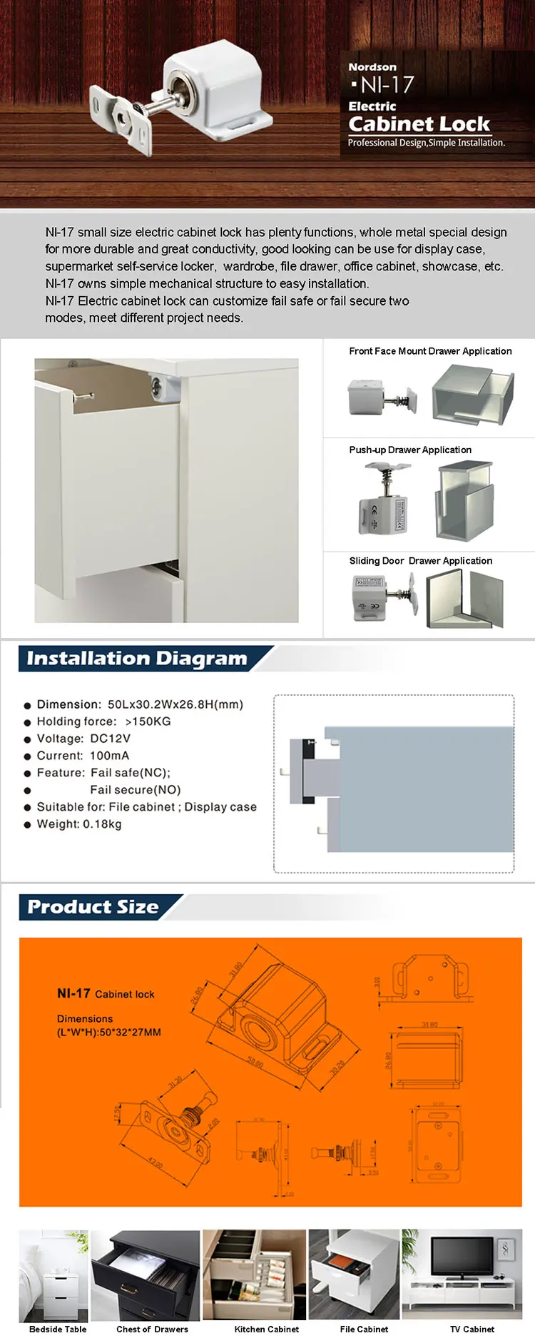 Mini Electric Cabinet Lock DC12V Metal Fail Secure NO Mode File Display Case,