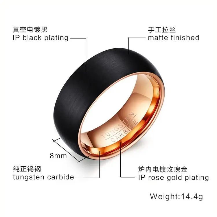 Anillo De Hombre De Hilo De Oro Rosa Negro De 8 Mm De Ancho Anillo De Hombre De Hilo De Oro Rosa Negro De 8 Mm De Ancho