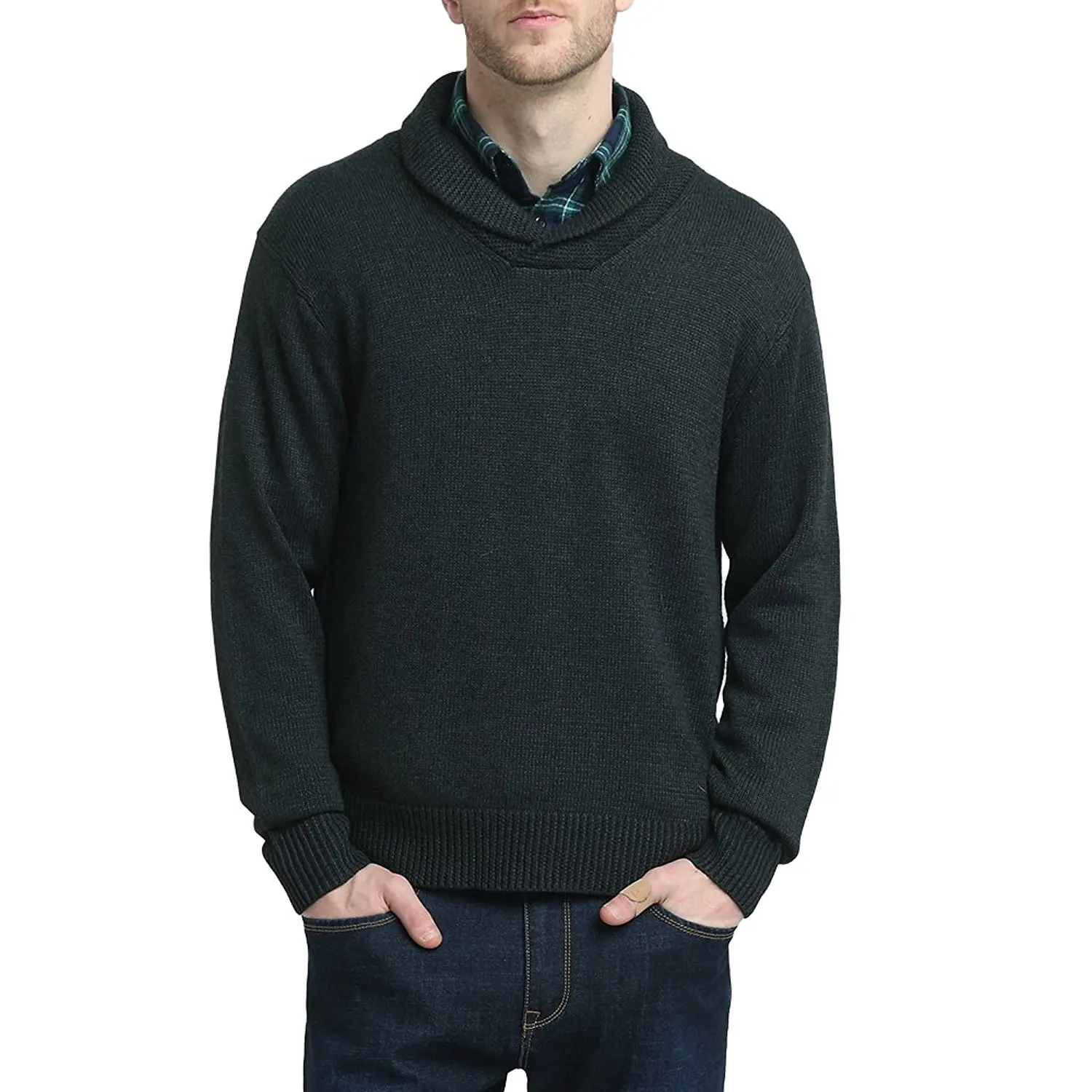 Kallspin Mens Relaxed Fit Shawl Collar V Neck Sweater Merino Wool Blend Thick and Solid