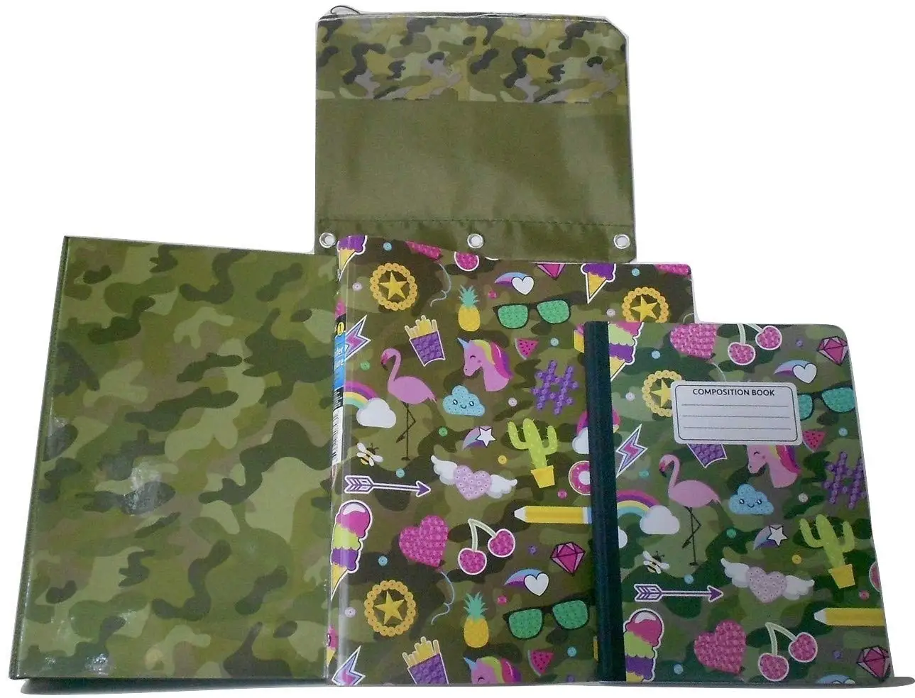 "Camouflage, Unicorns, Rainbows, Flamingos" Two 1" Ring Binders, Hardcover Composition Notebook & Camoflage Pattern 3-Ring Binder/Pencil Pouch Bundle - 4 Pieces