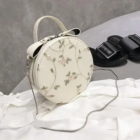 X64832A Women Lace Floral Round Zipper Leather Shoulder Bag