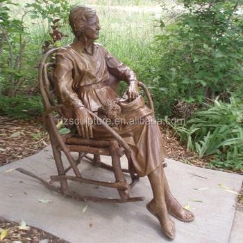 Life Size Bronze Sculpture Old Fat Woman Figurine Sitting On Bench