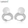 LUOTEEMI Fashion Woman Jewelry Newly Issued 2015 Tiny CZ Pave and Pearl Small White Gold Plated Cute Girls' Hoop Earrings
