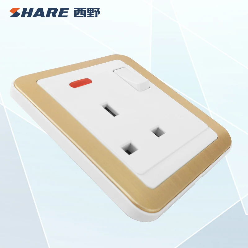 SHARE Quality Assured white and gold panel push button 1 gang 1 way steel switch socket 250V 16A