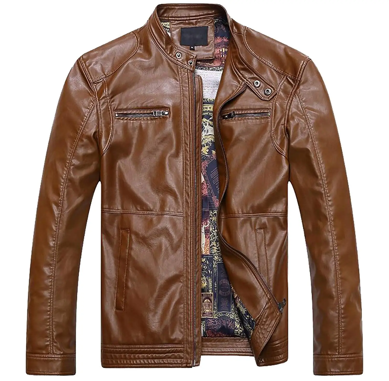 Men's Brown Leather Jacket Stand Collar 73143