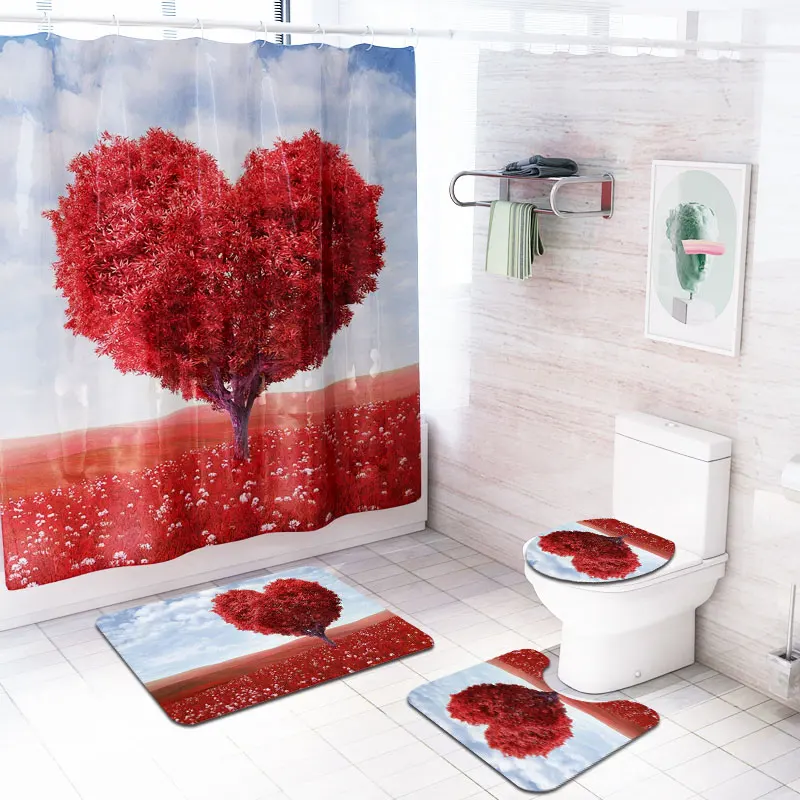 Waterproof Polyester Luxury bathroom rug mat sets  3 pcs Bath Mat Set  1pc Printed Shower Curtain