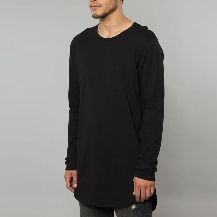 Men's Long Sleeve Cotton T-shirts Drop Cut with Curved Hem - Black / S