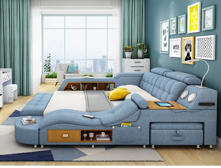 CBMMART modern functional fabric storage bed,  king queen bed frame with massage