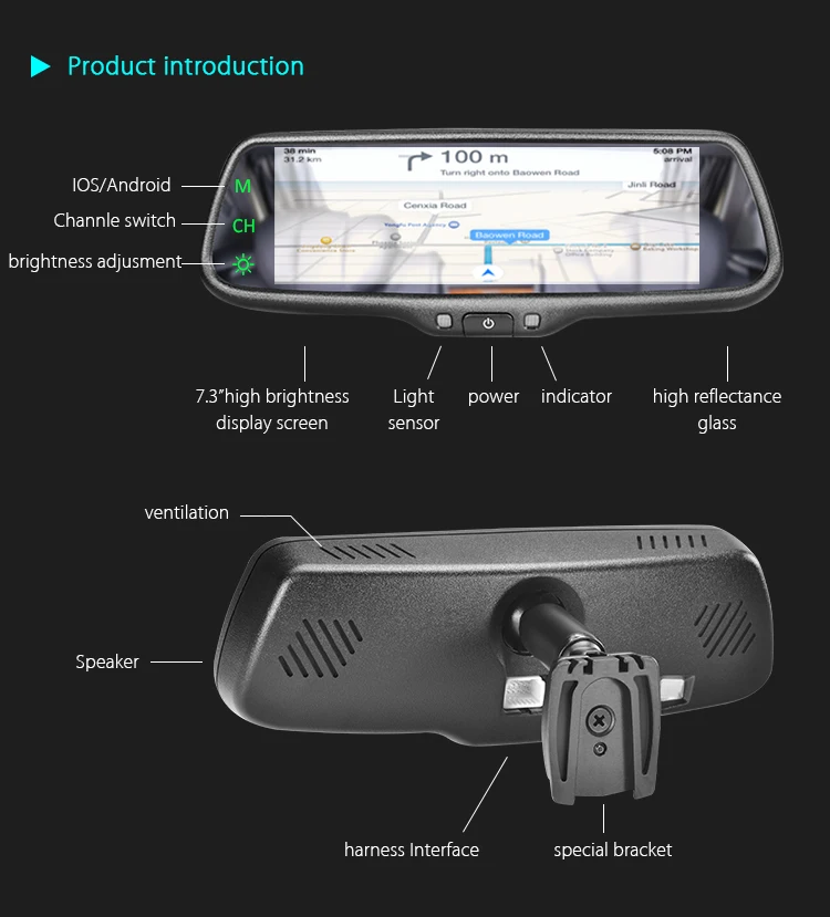 Sfety Car Rear View Mirror Monitor With 7.3 Inch Touch Screen