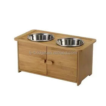 Elevated Bamboo Dog Cat Pet Feeder With Food Treat Storage