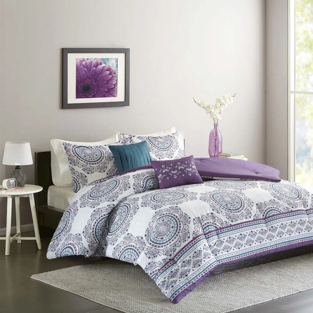 4pc Girls Purple Blue Medallion Theme Comforter Twin XL Set, White Plum Violet Teal Turquoise, Pretty Girly Floral Motif Bedding, Boho Chic Bohemian Themed Pattern